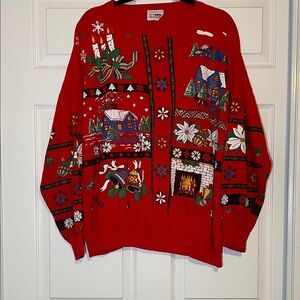 Festive Red Crewneck Sweater with Holiday Designs